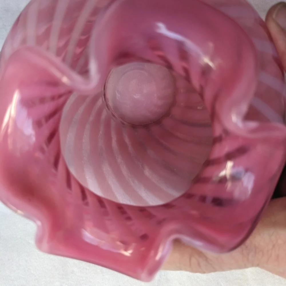 Vintage Cranberry Pink White Candy Cane Handblown Glass Vase Ripple Lip